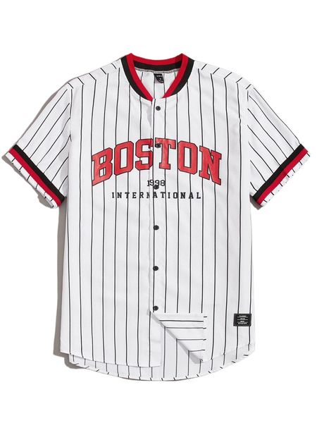 men striped & letter graphic baseball collar contrast panel shirt p6i7#, White;black
men striped & letter graphic baseball collar contrast panel shirt p6i7#, White;black