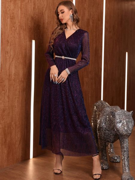surplice neck belted glitter dress l4xc#, Black;gray 
surplice neck belted glitter dress l4xc#, Black;gray
