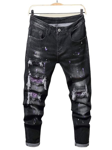 men splash ink ripped slim jeans v3pl#, Blue