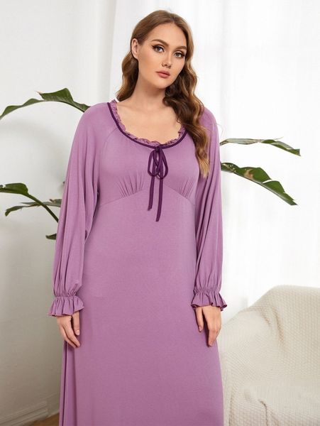 plus flounce sleeve ruffle hem night dress e1dn#, Black;white