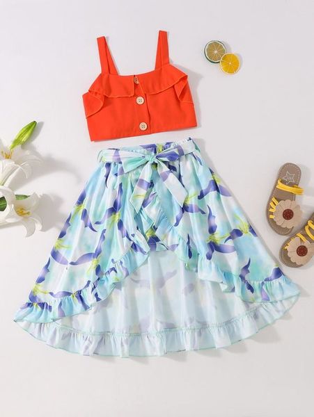 little girl's ruffled suspender and printed belt skirt she, White 
little girl's ruffled suspender and printed belt skirt she, White