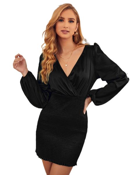 surplice neck shirred satin bodycon dress e6sl#, Black;gray