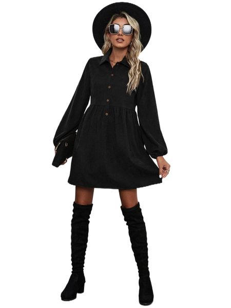 lantern sleeve corduroy shirt dress k5mx#, Black;gray