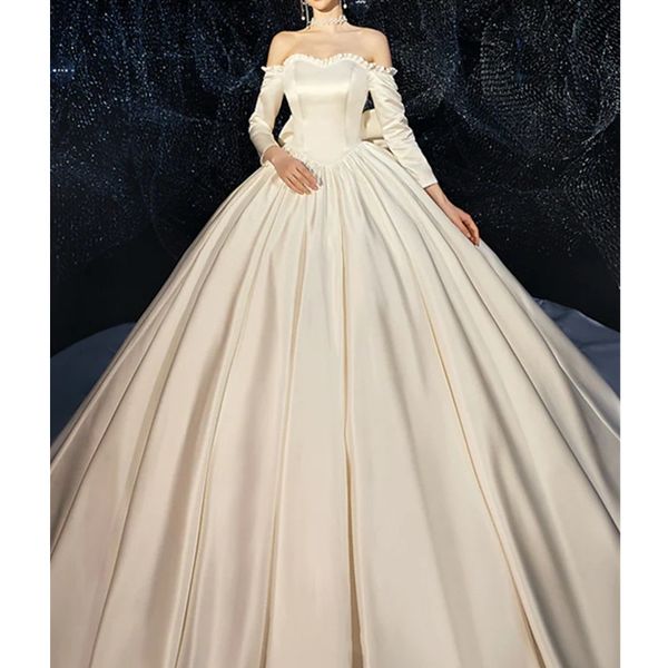satin ball gown wedding dresses with ruffles bateau long sleeves plus size bridal gowns, White
satin ball gown wedding dresses with ruffles bateau long sleeves plus size bridal gowns, White