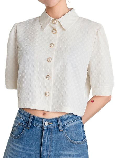 dazy puff sleeve button front crop blouse q1q7#, White