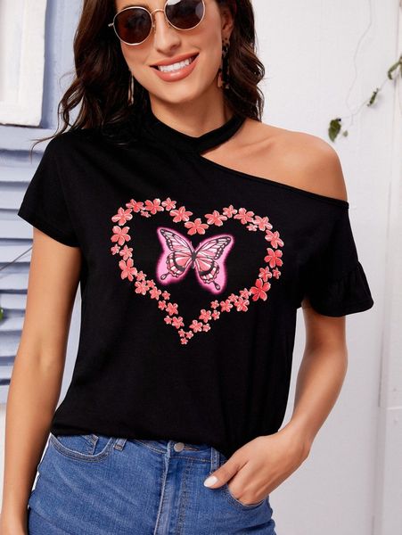 butterfly & floral print asymmetrical neck tee p4fp#, White 
butterfly & floral print asymmetrical neck tee p4fp#, White