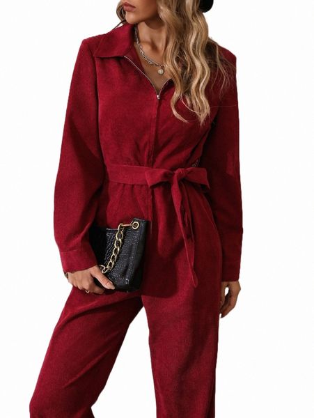 zip up belted corduroy jumpsuit n6ms#, Black;white