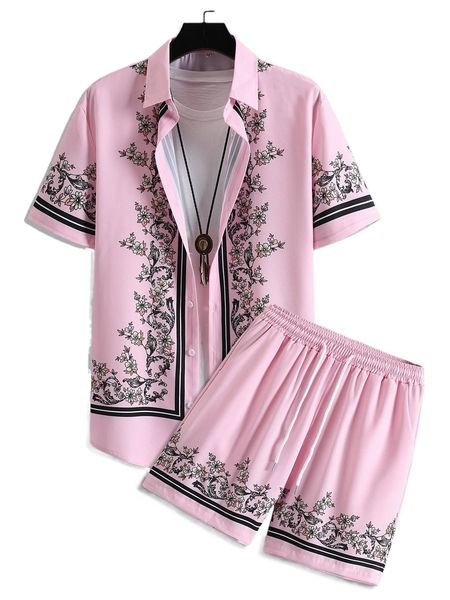 men striped & floral print shirt & drawstring waist shorts without tee e2wp#, Gray 
men striped & floral print shirt & drawstring waist shorts without tee e2wp#, Gray