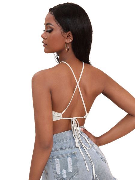 tied crisscross open back halter m7rk#, White 
tied crisscross open back halter m7rk#, White