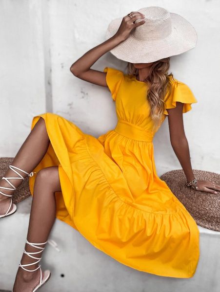 butterfly sleeve tie back ruffle hem dress 11iv#, Black;gray 
butterfly sleeve tie back ruffle hem dress 11iv#, Black;gray