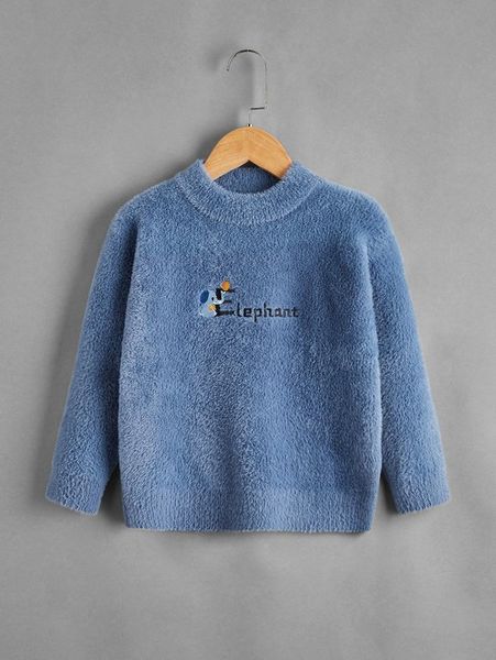 toddler boys cartoon and letter embroidery fuzzy sweater she, Blue 
toddler boys cartoon and letter embroidery fuzzy sweater she, Blue