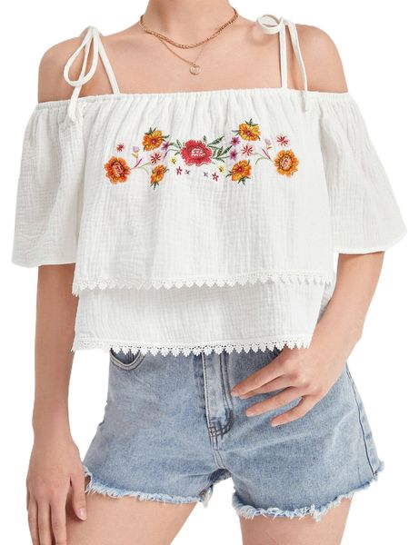 floral embroidery tie shoulder blouse q1vz#, White 
floral embroidery tie shoulder blouse q1vz#, White