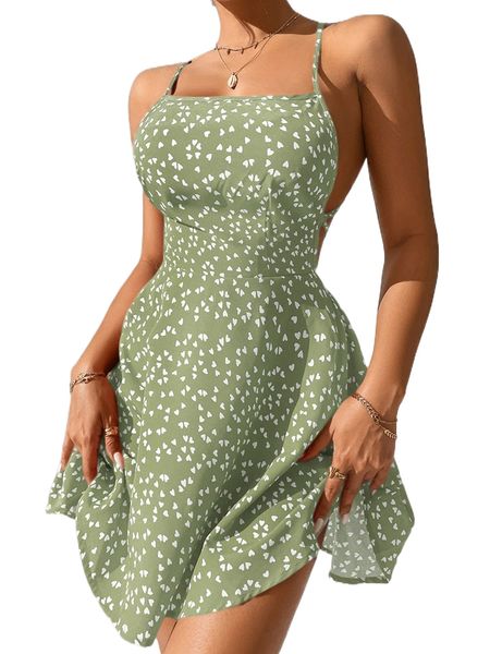 petite confetti heart print criss cross tie backless cami dress j5fj#, Black;gray
