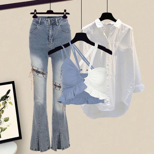 women's two piece pants spring summer elegant women's set casual shirt jeans trousers vest three female tracksuit blouse suits e20, White
women's two piece pants spring summer elegant women's set casual shirt jeans trousers vest three female tracksuit blouse suits e20, White