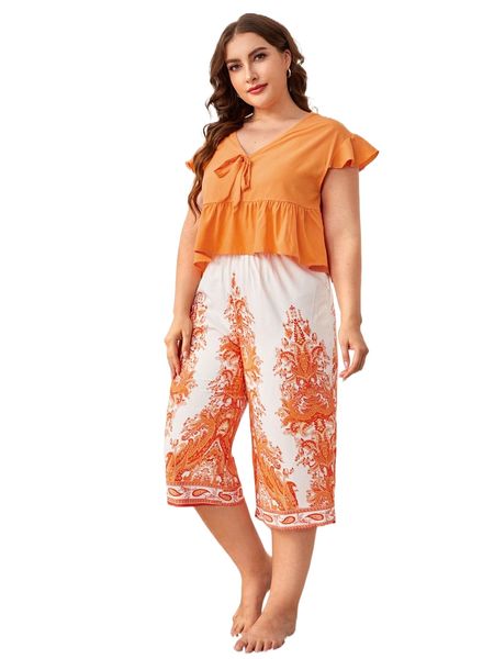 plus knot front ruffle hem & baroque print pants pajama set z9lw#, Black;white
plus knot front ruffle hem & baroque print pants pajama set z9lw#, Black;white