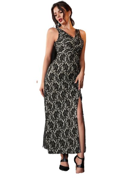sleeveless split thigh lace dress o4r0#, Black;gray