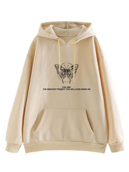 slogan & butterfly print drawstring thermal lined hoodie 729e#, Black 
slogan & butterfly print drawstring thermal lined hoodie 729e#, Black