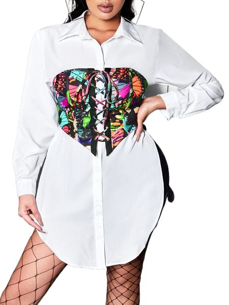 sxy solid split side shirt with butterfly print lace up front corset y87r#, White
sxy solid split side shirt with butterfly print lace up front corset y87r#, White