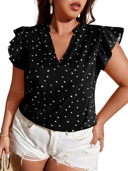 plus heart print blouse r4in#, Black