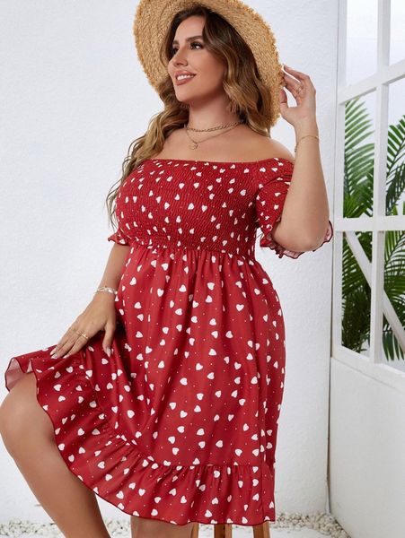 plus allover heart print off the shoulder shirred ruffle hem dress v4so#, Black
plus allover heart print off the shoulder shirred ruffle hem dress v4so#, Black