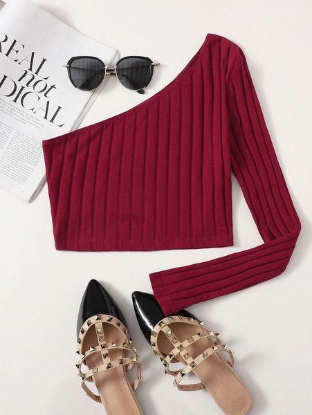 one shoulder rib-knit crop w4uq#, White