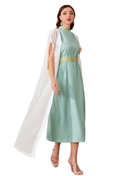 contrast geo tape mock neck dress & batwing sleeve coat l661#, White
contrast geo tape mock neck dress & batwing sleeve coat l661#, White