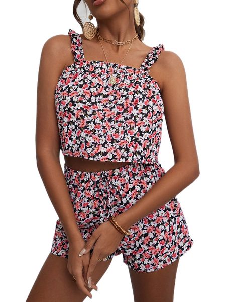 allover floral print frill trim cami & shorts q8yg#, White
allover floral print frill trim cami & shorts q8yg#, White