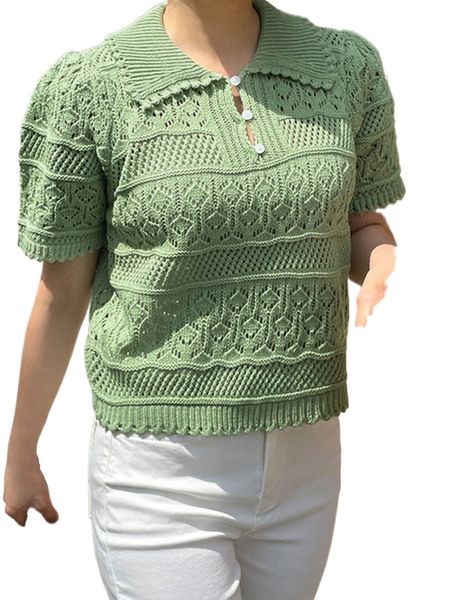 dazy polo neck puff sleeve pointelle knit w7ay#, White;black