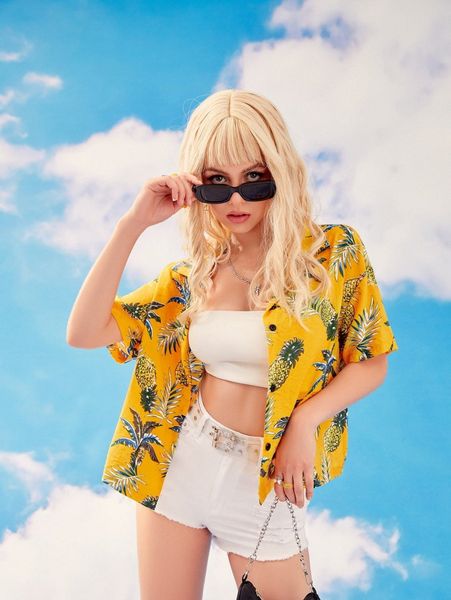tropical & pineapple print button front blouse q7c3#, White