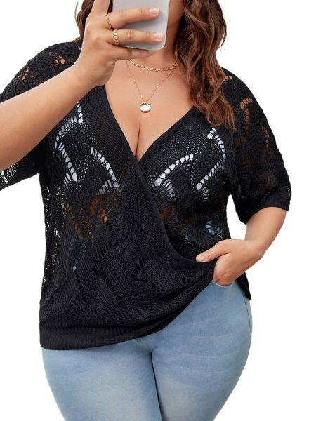 plus overlap collar hollow out cover up without bikini set c5ns#, Black
plus overlap collar hollow out cover up without bikini set c5ns#, Black