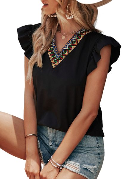 contrast geo tape ruffle trim blouse f28d#, White
contrast geo tape ruffle trim blouse f28d#, White