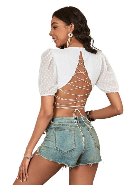 swiss dot lace-up back puff sleeve crop blouse k5ej#, White