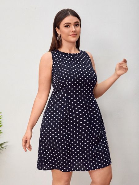 plus polka dot sleeveless dress c5yr#, Black 
plus polka dot sleeveless dress c5yr#, Black
