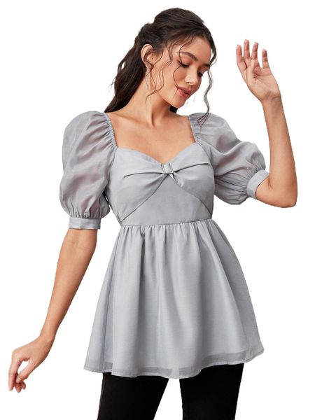 sweetheart buckled detail puff sleeve organza peplum b5na#, White