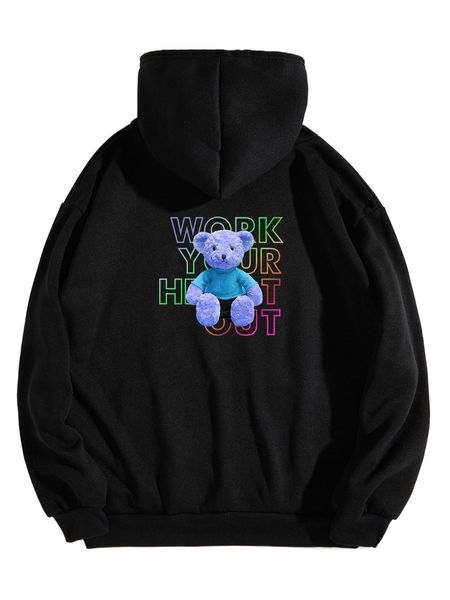 bear & letter graphic kangaroo pocket drawstring thermal hoodie p8x6#, Black 
bear & letter graphic kangaroo pocket drawstring thermal hoodie p8x6#, Black