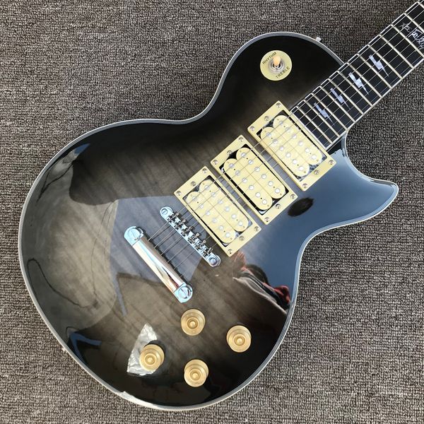 custom lp electric guitar, chrome hardware, rosewood fingerboard, transparent black flame maple 3 pickups, solid mahogany body guitar, 001
custom lp electric guitar, chrome hardware, rosewood fingerboard, transparent black flame maple 3 pickups, solid mahogany body guitar, 001