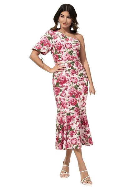 modely one shoulder puff sleeve mermaid hem floral dress x4ll#, Black;gray