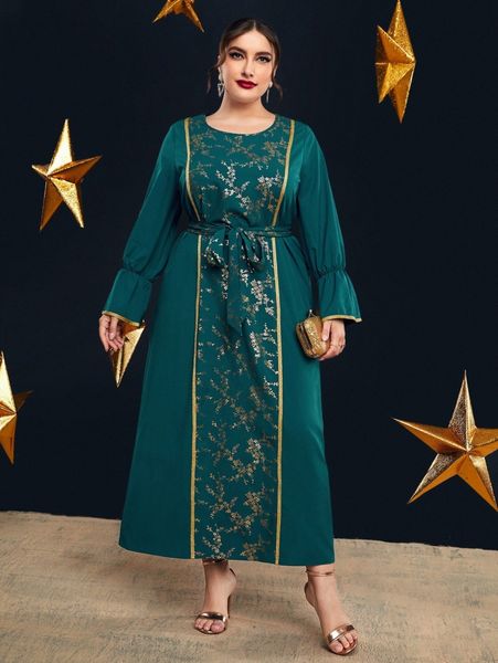 plus gold floral print contrast trim flounce sleeve belted dress 59xg#, Black
plus gold floral print contrast trim flounce sleeve belted dress 59xg#, Black