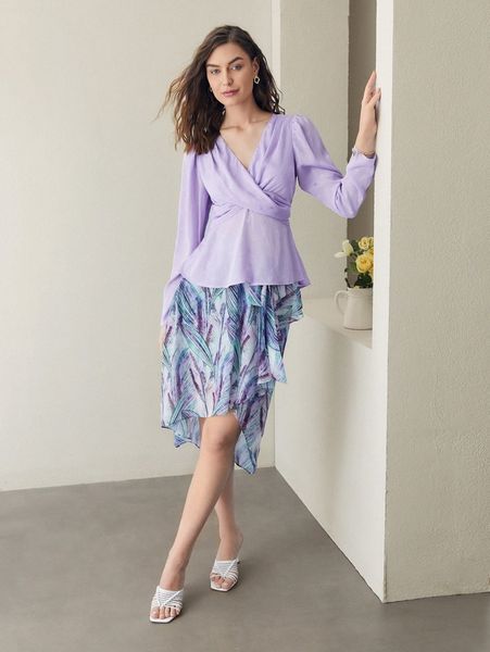 jacquard wrap cross puff sleeve blouse x7b7#, White 
jacquard wrap cross puff sleeve blouse x7b7#, White