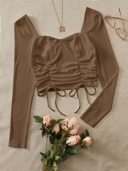 drawstring ruched front bustier crop u96o#, White