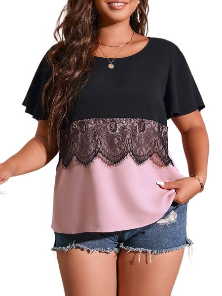 plus color block lace panel chiffon blouse h6tu#, Black 
plus color block lace panel chiffon blouse h6tu#, Black