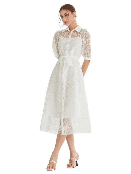 embroidery mesh overlay belted shirt dress l5gx#, Black;gray