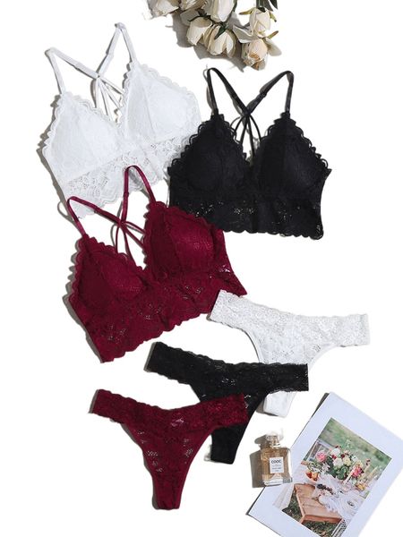 3pack floral lace scallop trim lingerie set t9p7#, Black;red
