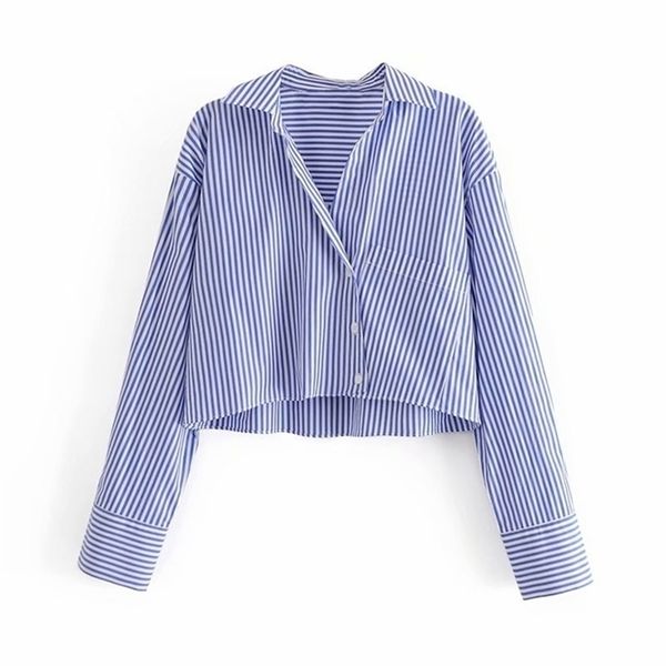 blue striped crop shirt women long sleeve loose casual summer blouse feminine fashion front patch pocket short 210524, White
blue striped crop shirt women long sleeve loose casual summer blouse feminine fashion front patch pocket short 210524, White