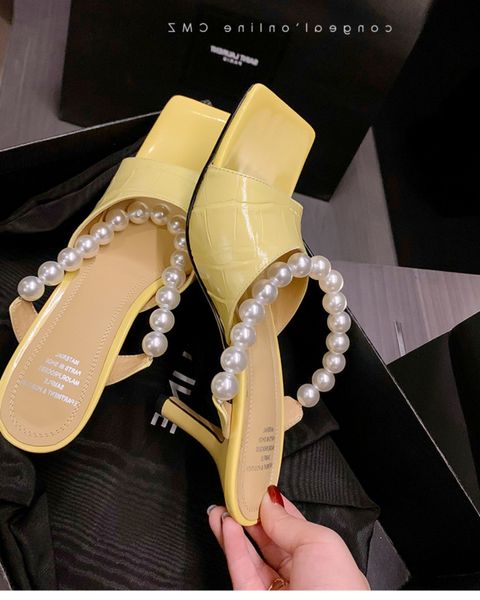 summer 2022 pearl chain versatile fish mouth thin heel high one line women's sandals, Black