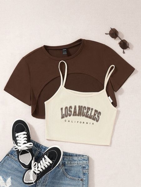 letter graphic cami & high low tee x2om#, White