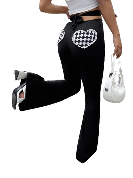 checker print lace trim tie back cross wrap pants a3q3#, Black;white
checker print lace trim tie back cross wrap pants a3q3#, Black;white