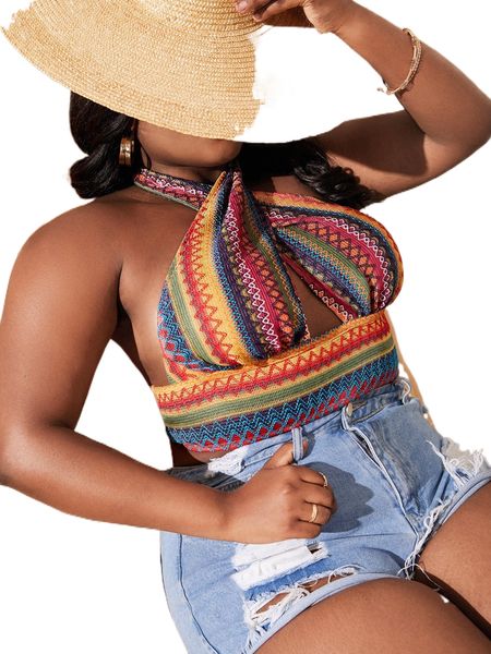 sxy plus chevron pattern backless halter h6ho#, Black
