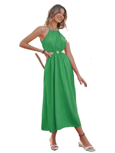 o-ring front tie back halter dress 705i#, Black;gray