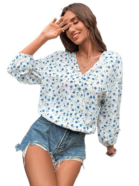 ditsy floral wrap bishop sleeve blouse z1w5#, White
ditsy floral wrap bishop sleeve blouse z1w5#, White